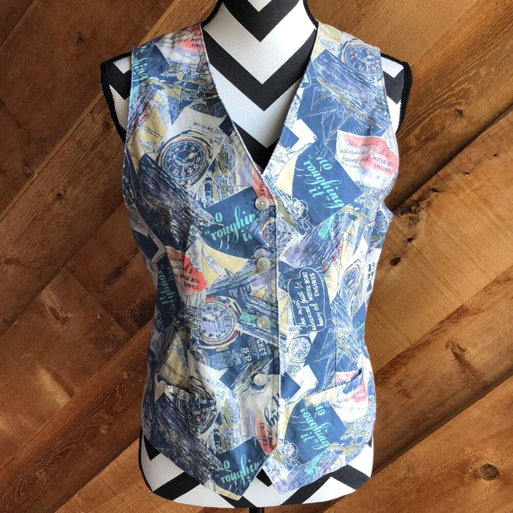 Ruff Hewn Vintage Sailing Print Button Front Vest Small